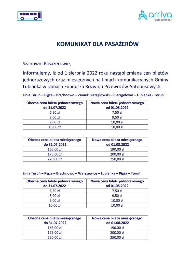 komunikat o podwyżkach cen biletów FRPA Gmina Łubianka