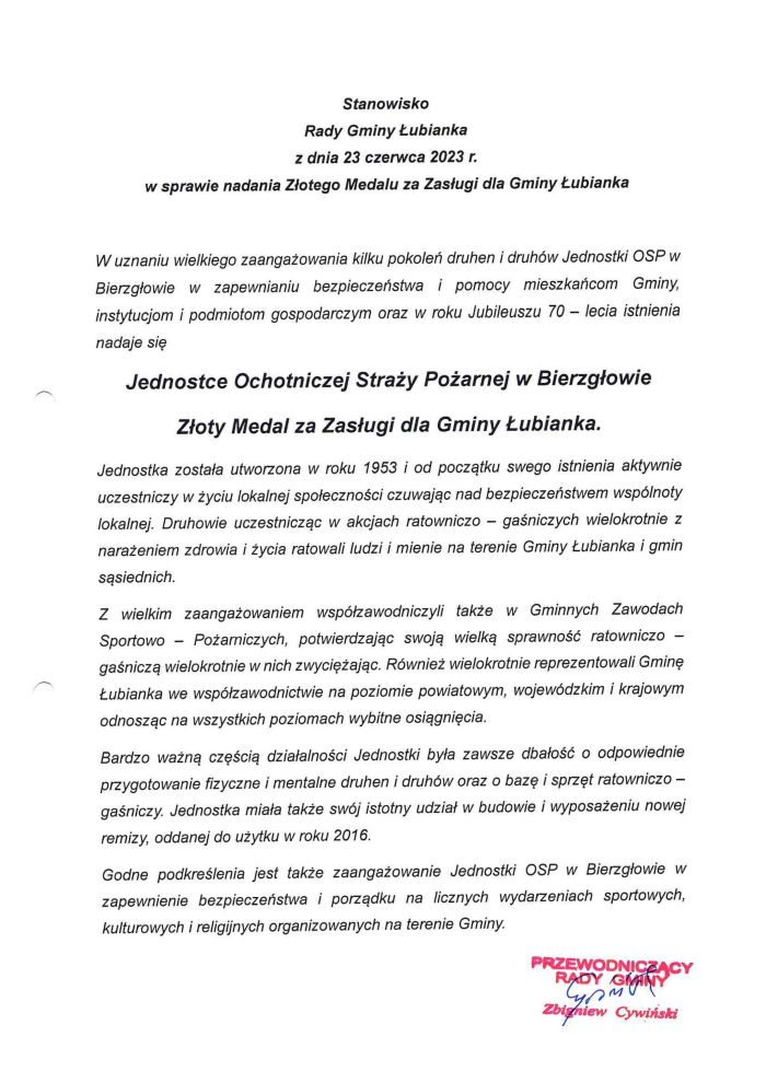 Stanowisko złoty medal OSP Bierzgłowo