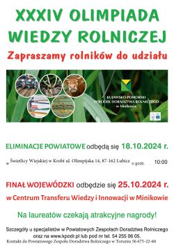 Kujawsko Pomorski Ośrodek Doradztwa rolniczego w Minikowie zaprasza do udziału w XXXIV Olimpiadzie Wiedzy Rolniczej.