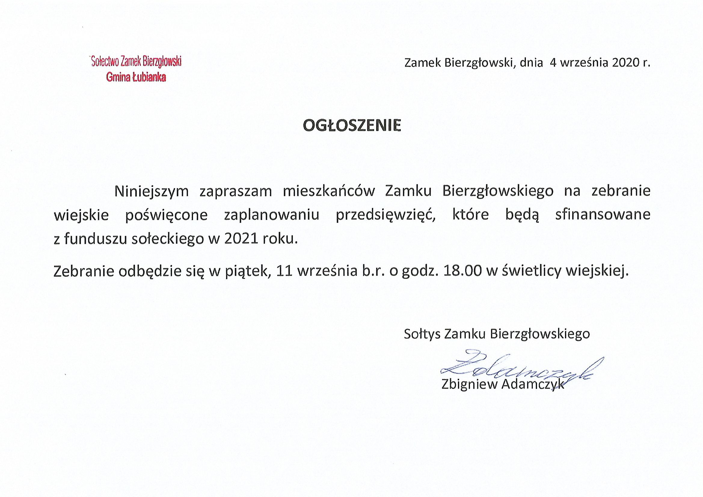 Ogłoszenie zebranie wiejskie