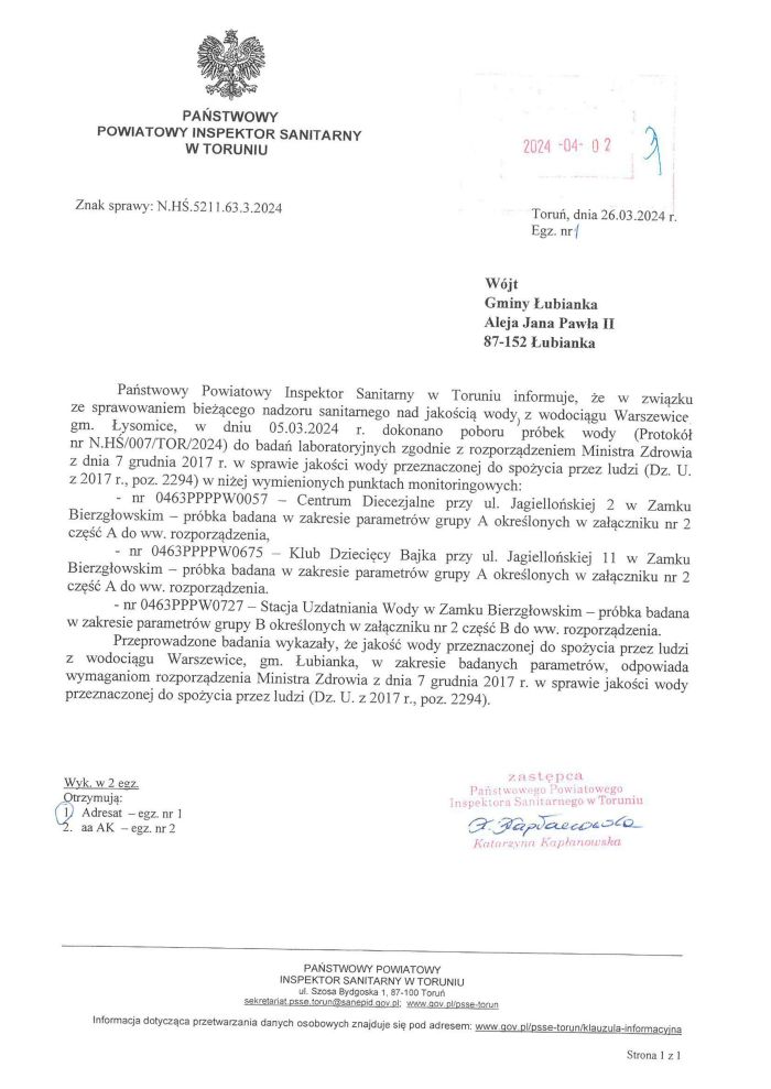 Informacja - Wyniki woda PPIS