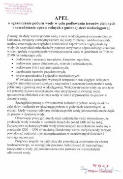 Apel o ograniczenie poboru wody w celu podlewania terenów zielonych i nawadniania upraw rolnych z gminnej sieci wodociągowej.