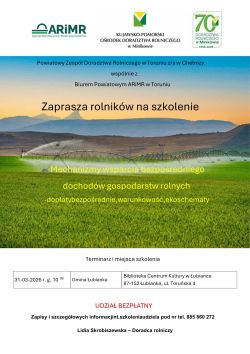 Plakat informacyjny szkolenie 31.03.2026 r. BCK w Łubiance. Mechanizm wsparcia bezpośredniego dochodów gospodarstw rolnych...