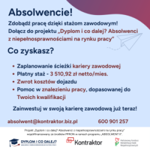 Informacja o projekcie "Dyplom i co dalej? Absolwenci z niepełnosprawnościami na rynku pracy