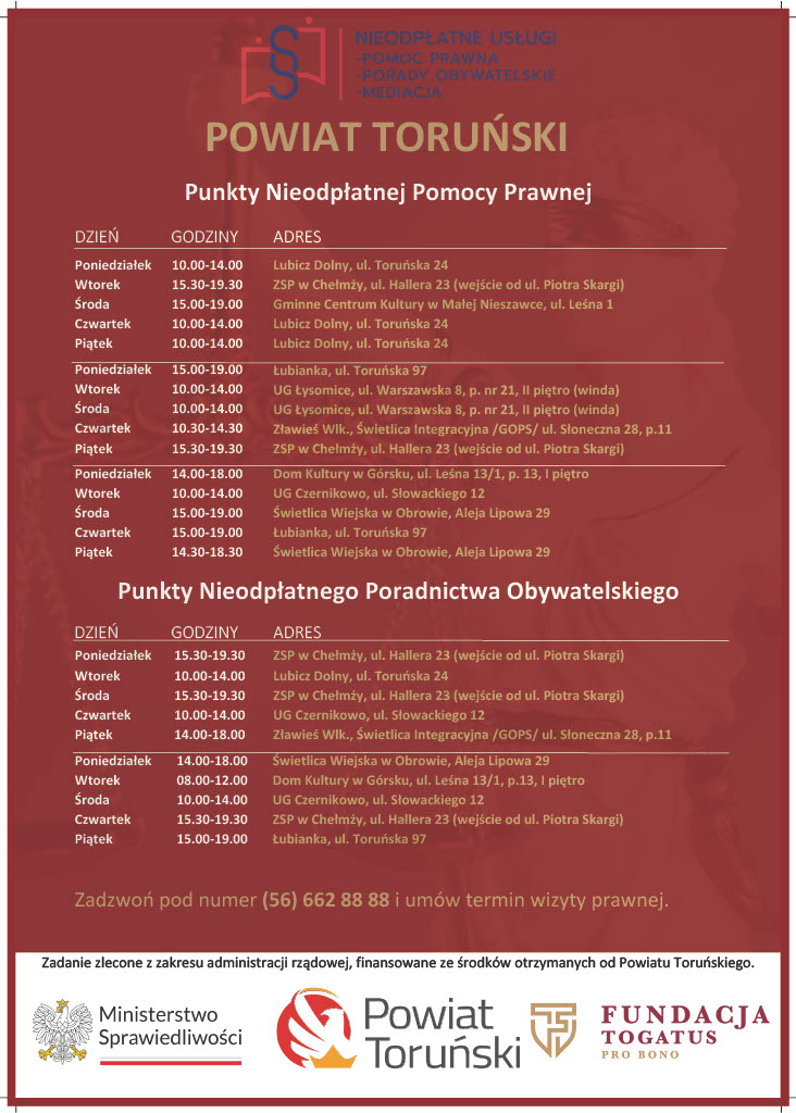 Nieodpłatne poradnictwo obywatelskie w Powiecie Toruńskim. 