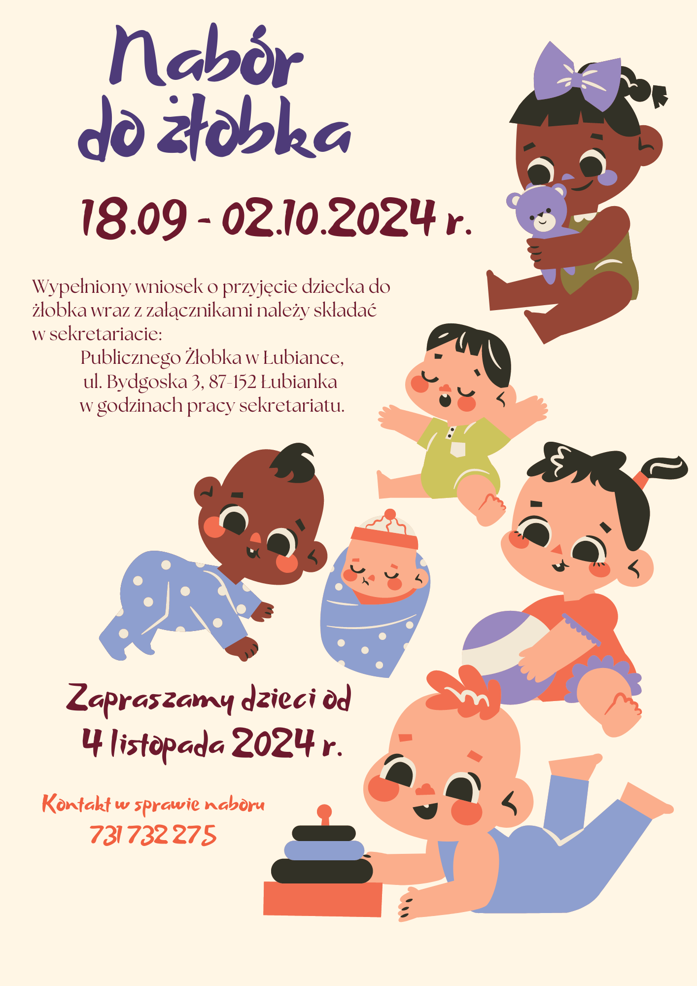 Ogłoszenie o naborze dzieci do Publicznego Żłobka w Łubiance
