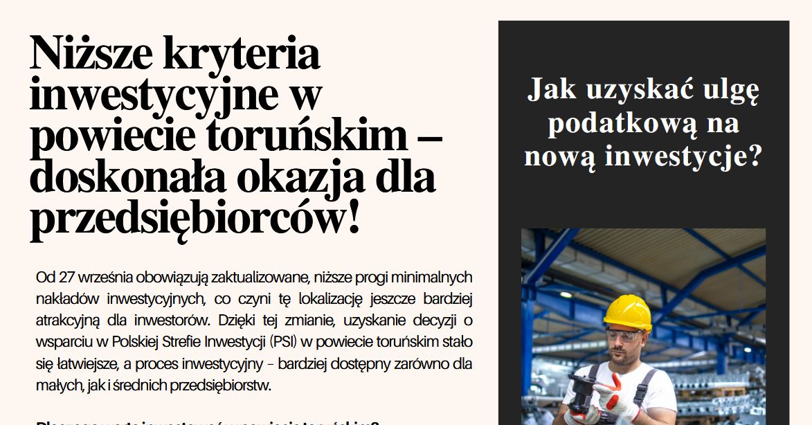 Niższe kryteria inwestycyjne w powiecie toruńskim – doskonała okazja dla przedsiębiorców!